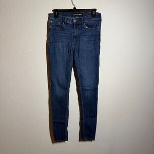 Express Jeans Womens 29x28.5 Blue Medium Wash Denim Embroidery Logo Skinny Leg
